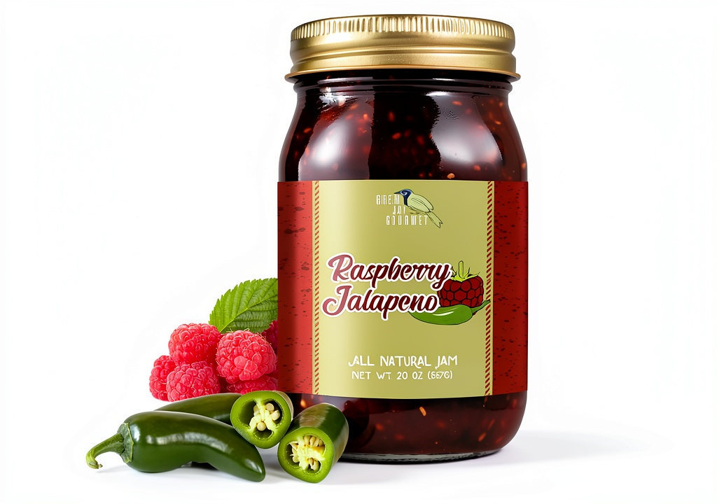 Green Jay Gourmet jam jar on a wooden breakfast table