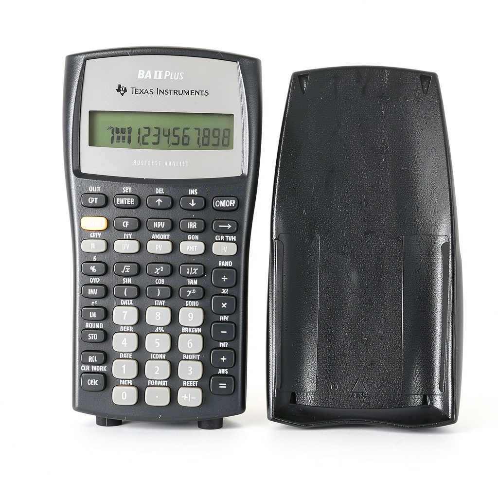 Texas Instruments financial calculator on an office desk