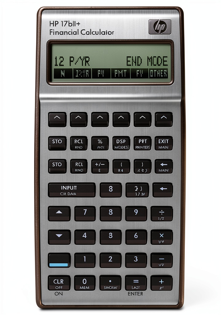 HP Financial Calculator displaying financial calculations on a desk